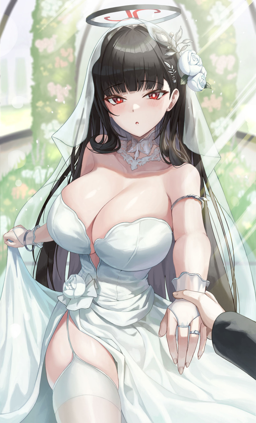 1girl, 1other, alternate_costume, bare_shoulders, black_hair, blue_archive, blunt_bangs, blush
