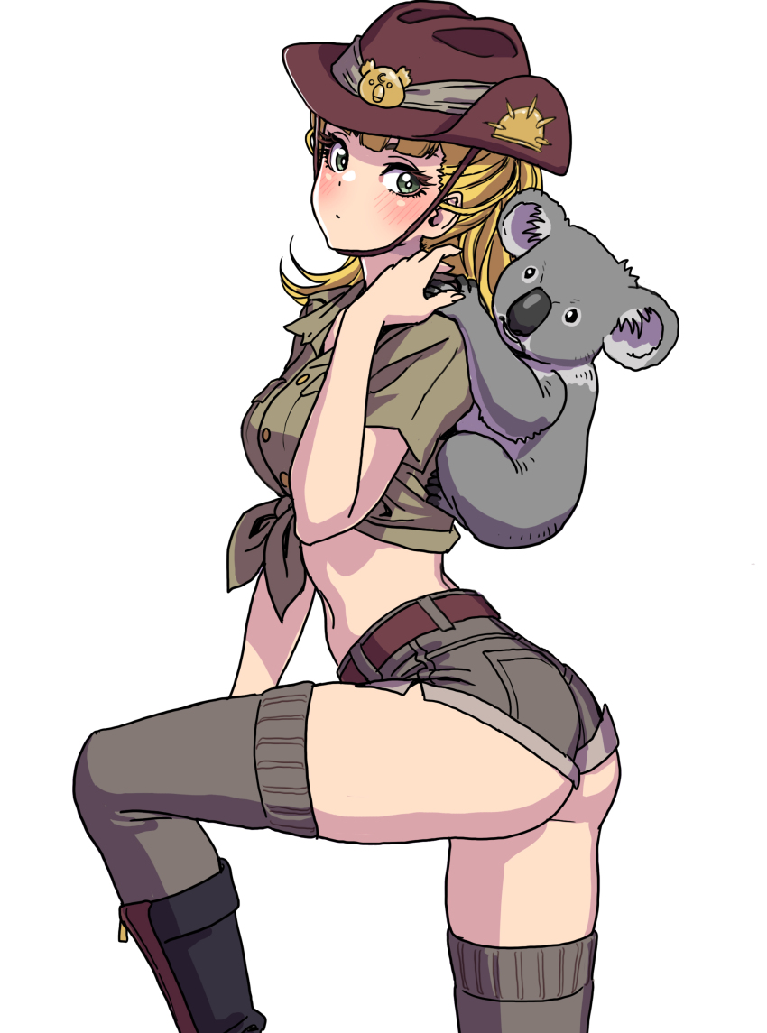 1girl, absurdres, animal, animal_on_back, ass, belt, blonde_hair, blush, boots, breasts, brown_belt, closed_mouth, crop_top, denim, denim_shorts, from_side, girls_und_panzer, green_eyes, green_shirt, grey_shorts, hat, highres, knee_up, koala, koala_forest_military_uniform, looking_at_viewer, medium_breasts, midriff, sam_browne_belt, shirt, short_shorts, shorts, simple_background, slouch_hat, solo, thighhighs, thighs, tied_shirt, wallaby_(girls_und_panzer), white_background, yamashita_shun'ya