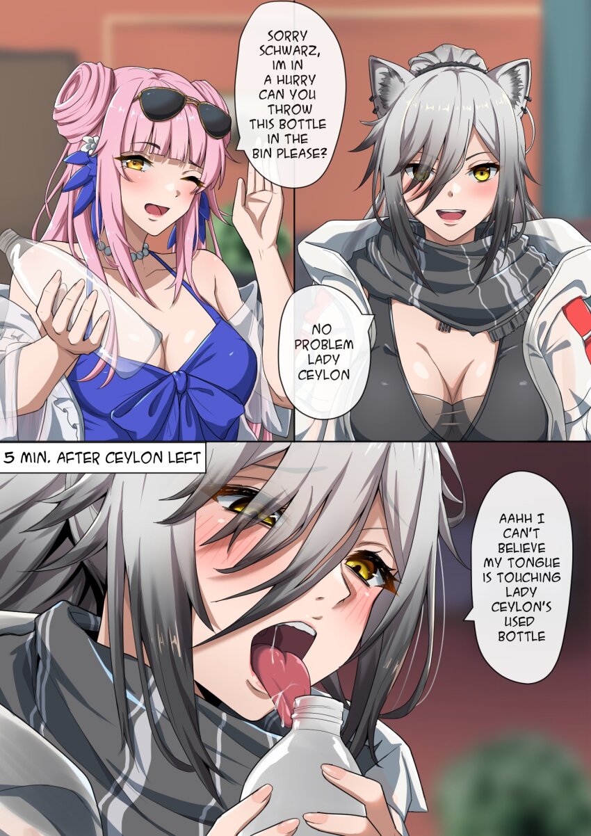 2girls, ;d, arknights, bare_shoulders, bead_choker, blurry, blurry_background, bottle