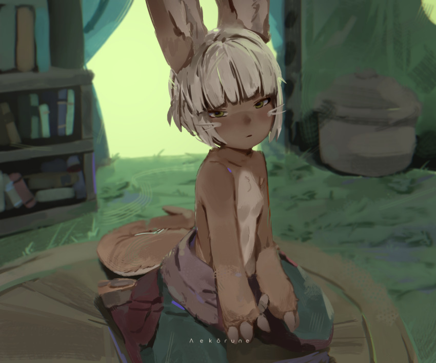 1other, aekorune, animal_ears, book, bookshelf, day, eyelashes, furry, furry_other, grass, indoors, looking_at_viewer, made_in_abyss, nanachi_(made_in_abyss), original, other_focus, pants, rabbit, rabbit_ears, short_hair, signature, sitting, solo, tail, white_hair, yellow_eyes