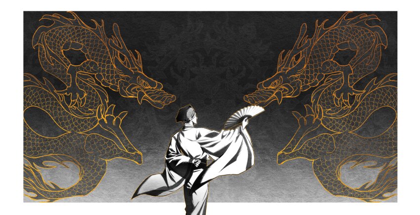 090_nv, 1boy, absurdres, arm_behind_back, dragon, eastern_dragon, emblem, folding_fan, hand_fan, hat, highres, holding, holding_fan, korean_commentary, lim_sobyeong, long_sleeves, male_focus, monochrome, outline, outside_border, outstretched_arm, return_of_the_mount_hua_sect, robe, sash, standing, updo, wide_sleeves, yellow_outline