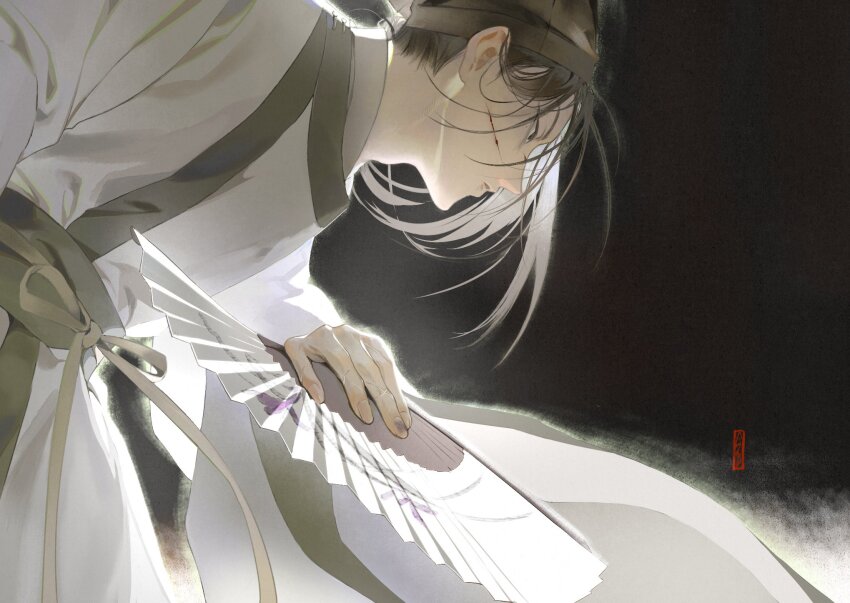 090_nv, 1boy, black_background, black_hair, black_hat, blood, blood_on_face, cowboy_shot