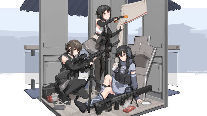 3girls, absurdres, ammunition, ammunition_box, anti-materiel_rifle, battle_rifle, black_footwear, black_hair
