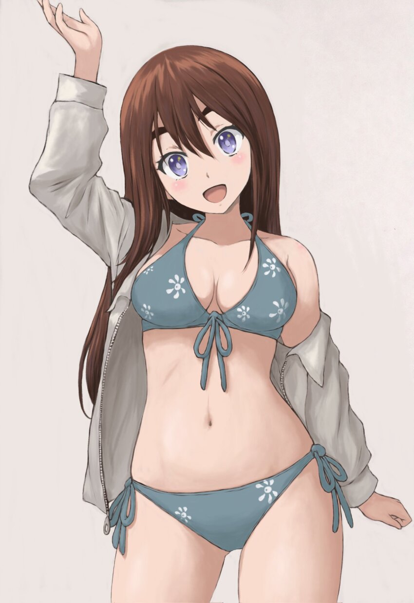 :d, arm_up, bikini, blue_bikini, blush, breasts, brown_hair, cleavage
