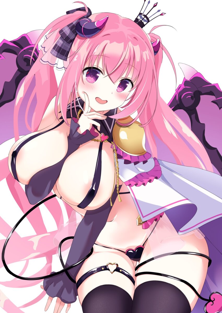1girl, anneliese, areola_slip, arm_between_breasts, belt_bra, between_breasts, black_panties, black_thighhighs, blush, breasts, cape, commentary_request, cowboy_shot, crown, curled_horns, curvy, demon_girl, demon_horns, demon_tail, demon_wings, detached_sleeves, finger_to_cheek, hair_between_eyes, hair_ribbon, heart, heart_o-ring, heart_panties, heart_print, highres, horns, huge_breasts, index_finger_raised, kimagure_temptation, long_hair, long_sleeves, looking_at_viewer, mini_crown, o-ring, o-ring_thigh_strap, open_mouth, panties, pink_hair, plaid_ribbon, pnsk4125, print_panties, purple_eyes, ribbon, simple_background, smile, solo, tail, tail_around_arm, tail_around_own_leg, thigh_gap, thigh_strap, thighhighs, thighs, twintails, underwear, very_long_hair, white_background, white_cape, wing_collar, wings