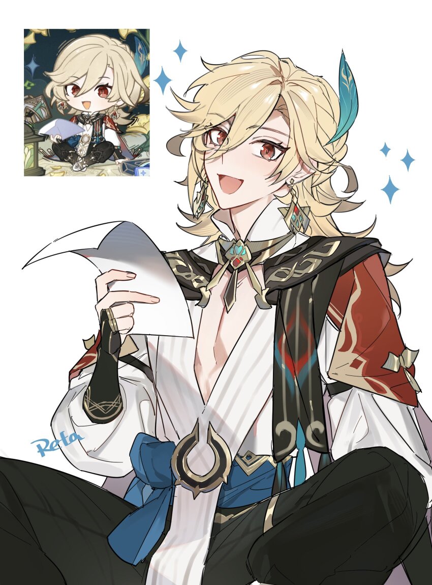 1boy, bishounen, black_gloves, blonde_hair, chibi, cowboy_shot, feater, genshin_impact, gloves, highres, holding, holding_paper, kaveh_(genshin_impact), male_focus, official_art_inset, open_mouth, pants, paper, red_eyes, reference_inset, retayanmo, shirt, short_hair, simple_background, sitting, smile, solo, sparkle, white_background, white_shirt