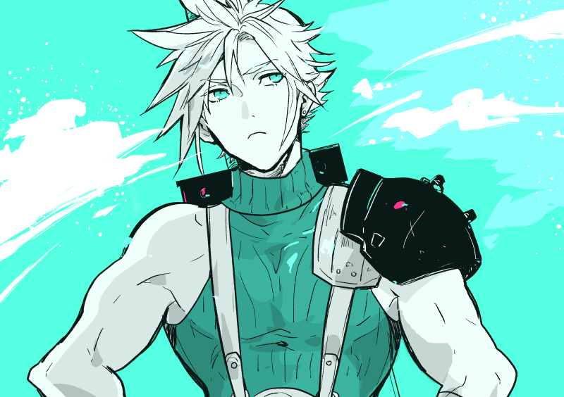 1boy, aqua_background, aqua_eyes, aqua_theme, armor, buster_sword, closed_mouth, cloud_strife
