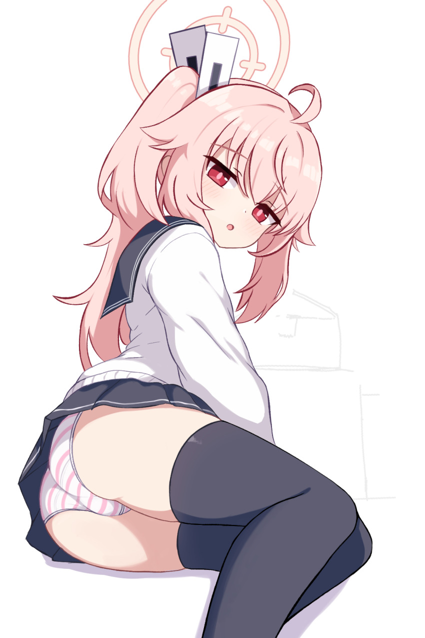1girl, :o, ahoge, ass, black_skirt, blue_archive, blush, from_behind, hair_between_eyes, hair_ornament, halo, highres, io9, long_hair, long_sleeves, looking_at_viewer, looking_back, miniskirt, natsu_(blue_archive), neckerchief, open_mouth, panties, pink_hair, pleated_skirt, red_eyes, ribbon, sailor_collar, school_uniform, shirt, simple_background, sitting, skirt, solo, striped_clothes, striped_panties, thighhighs, thighs, underwear, white_background, white_panties, white_shirt