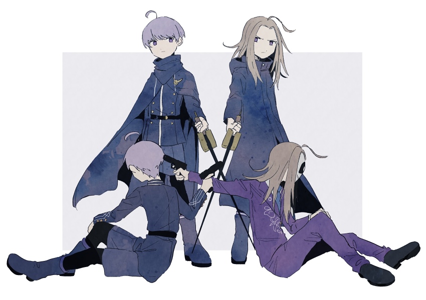 4boys, ahoge, aiming, back-to-back, blonde_hair, blue_cape, blue_coat, blue_footwear
