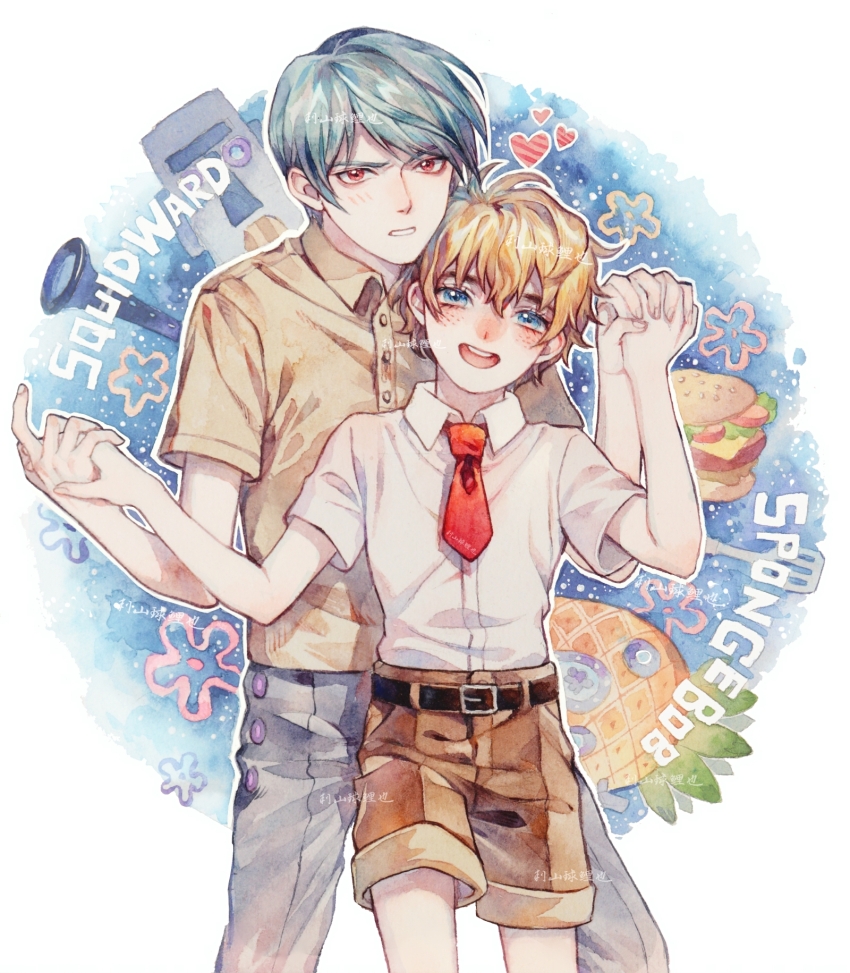 2boys, belt, black_belt, blonde_hair, blue_background, blue_eyes, blue_hair, blue_pants, blush, brown_shirt, brown_shorts, burger, character_name, chinese_commentary, clarinet, collared_shirt, commentary_request, couple, dress_shirt, flower, food, freckles, fruit, furrowed_brow, hands_up, happy, heart, height_difference, highres, holding_hands, instrument, male_focus, multiple_boys, necktie, outline, painting_(medium), pants, parted_lips, personification, pineapple, pink_flower, polo_shirt, red_eyes, red_necktie, roocnutfish, shirt, short_hair, short_necktie, short_sleeves, shorts, smile, spatula, spoken_heart, spongebob_squarepants, spongebob_squarepants_(series), squidward_tentacles, teeth, traditional_media, trap, upper_body, watercolor_(medium), wavy_hair, white_outline, white_shirt, yaoi, yellow_flower