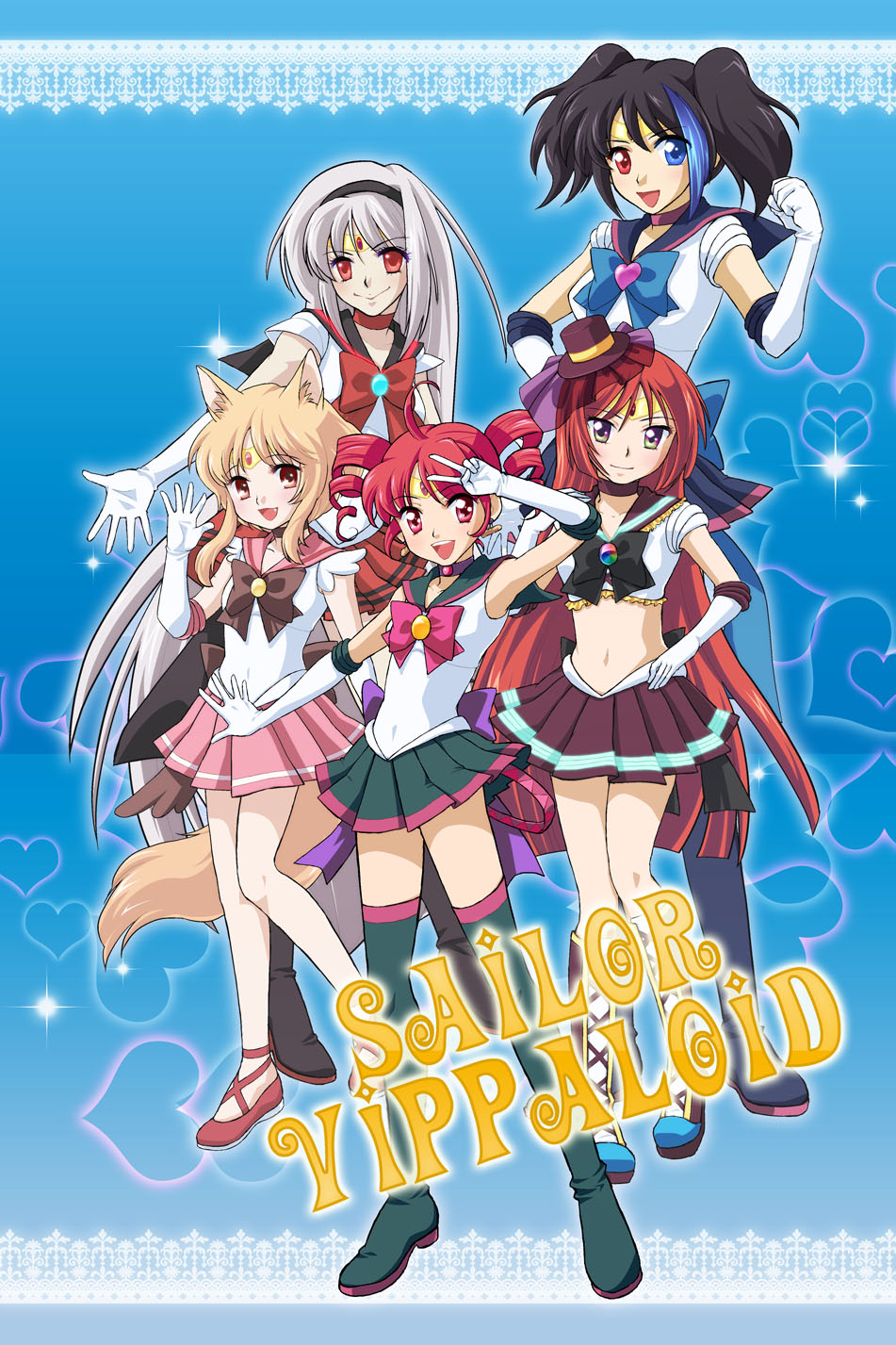 4girls, ahoge, animal_ears, bishoujo_senshi_sailor_moon, black_hair, blonde_hair, boots, choker, cosplay, crossdressing, crossdressing_(ftm), detached_sleeves, drill_hair, earrings, elbow_gloves, fang, gloves, hat, heterochromia, highres, jewelry, kasane_teto, long_hair, midriff, mini_hat, mini_top_hat, multicolored_eyes, multicolored_hair, multiple_girls, namine_ritsu, navel, open_mouth, ouka_miko, parody, pink_hair, red_eyes, red_hair, sailor_collar, sailor_senshi, sailor_senshi_(cosplay), silver_hair, skirt, smile, sukone_tei, tail, thighhighs, tiara, top_hat, trap, twintails, unofficial_sailor_senshi_uniform, utau, vippaloid, vocaloid, wolf_ears, wolf_tail, yokune_ruko, yukiha