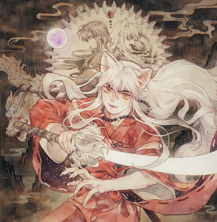 1boy, animal_ears, bead_necklace, beads, black_hair, chinese_commentary, claws, colored_sclera