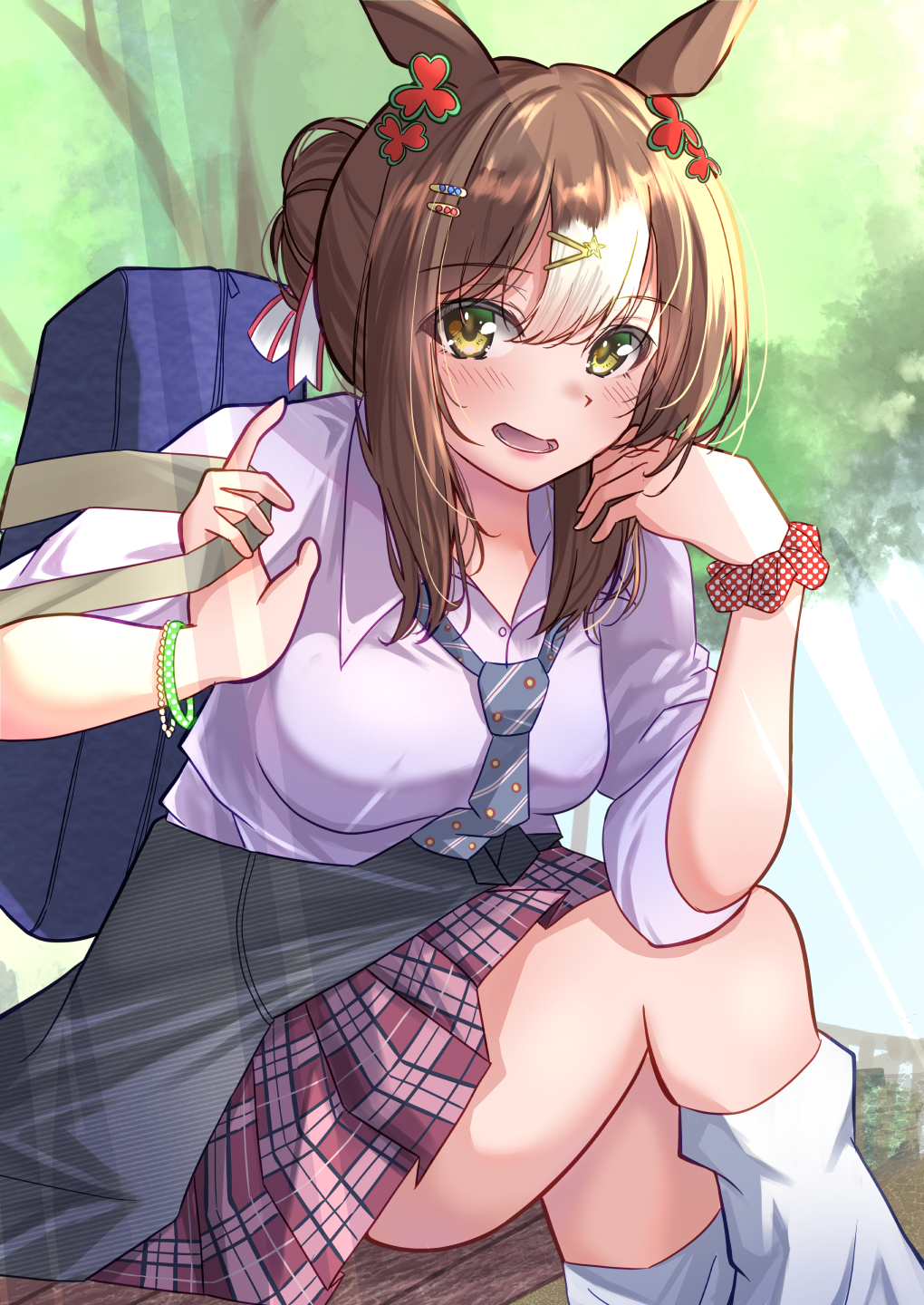 1girl, alternate_costume, animal_ears, bag, blurry, blurry_background, blush, bracelet