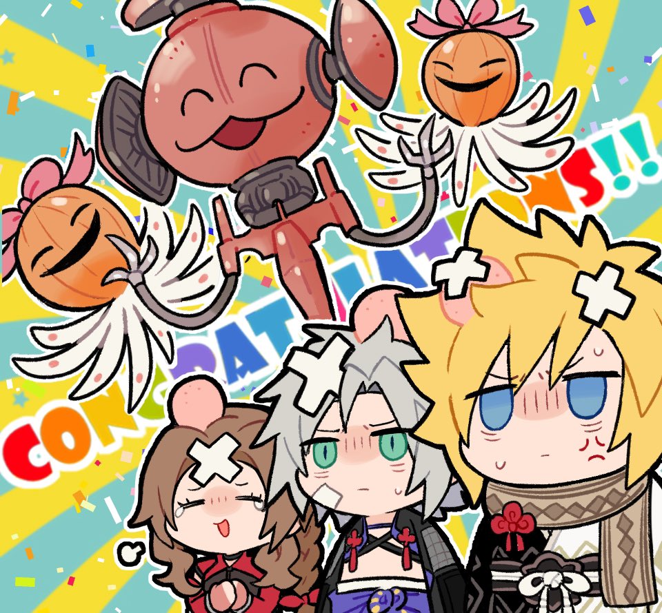 1girl, 2boys, aerith_gainsborough, aerith_gainsborough_(rosy_battle_suit), anger_vein, bandaid, bandaid_on_face, blonde_hair, blue_eyes, braid, braided_ponytail, brown_hair, chest_strap, chibi, closed_eyes, cloud_strife, cloud_strife_(official_festive_garb), congratulations, crossed_bandaids, final_fantasy, final_fantasy_vii, final_fantasy_vii:_ever_crisis, frogccc333, furrowed_brow, green_eyes, grey_hair, hair_ribbon, happy_tears, head_bump, jack-o'-lantern, japanese_clothes, mechabare, multiple_boys, official_alternate_costume, open_mouth, own_hands_together, parted_bangs, red_ribbon, red_sleeves, ribbon, sephiroth, sephiroth_(celebratory_garb), sephiroth_(ever_crisis), short_hair, sidelocks, single_braid, slit_pupils, spiked_hair, sweatdrop, tears, upper_body