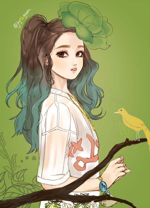 1girl, bird, bracelet, brown_eyes, brown_hair, commentary_request, green_background, green_hair, jewelry, joy96green, joy_(red_velvet), korean_commentary, looking_to_the_side, multicolored_hair, necklace, profile, red_velvet_(group), shirt, simple_background, solo, twintails, two-tone_hair, upper_body, white_shirt