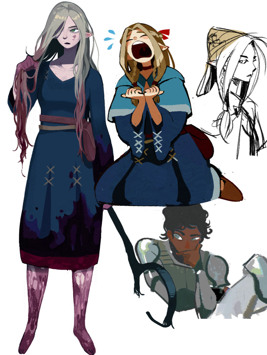 1boy, 1girl, ambrosia_(dungeon_meshi), armor, black_hair, blonde_hair, blood, blood_in_hair, blood_on_clothes, blood_on_leg, blue_dress, closed_eyes, commentary, dark-skinned_male, dark_skin, dress, dungeon_meshi, elf, english_commentary, flying_teardrops, green_eyes, grey_eyes, hair_down, hair_over_one_eye, hand_on_own_chin, highres, holding, holding_staff, kabru, kneeling, long_hair, long_sleeves, marcille_donato, multiple_views, mutie_(timestables), open_mouth, pointy_ears, short_hair, simple_background, staff, standing, white_background