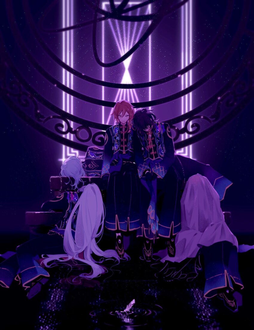 5boys, black_background, black_hair, blanket, blue_background, blue_hair, ensemble_stars!, full_body