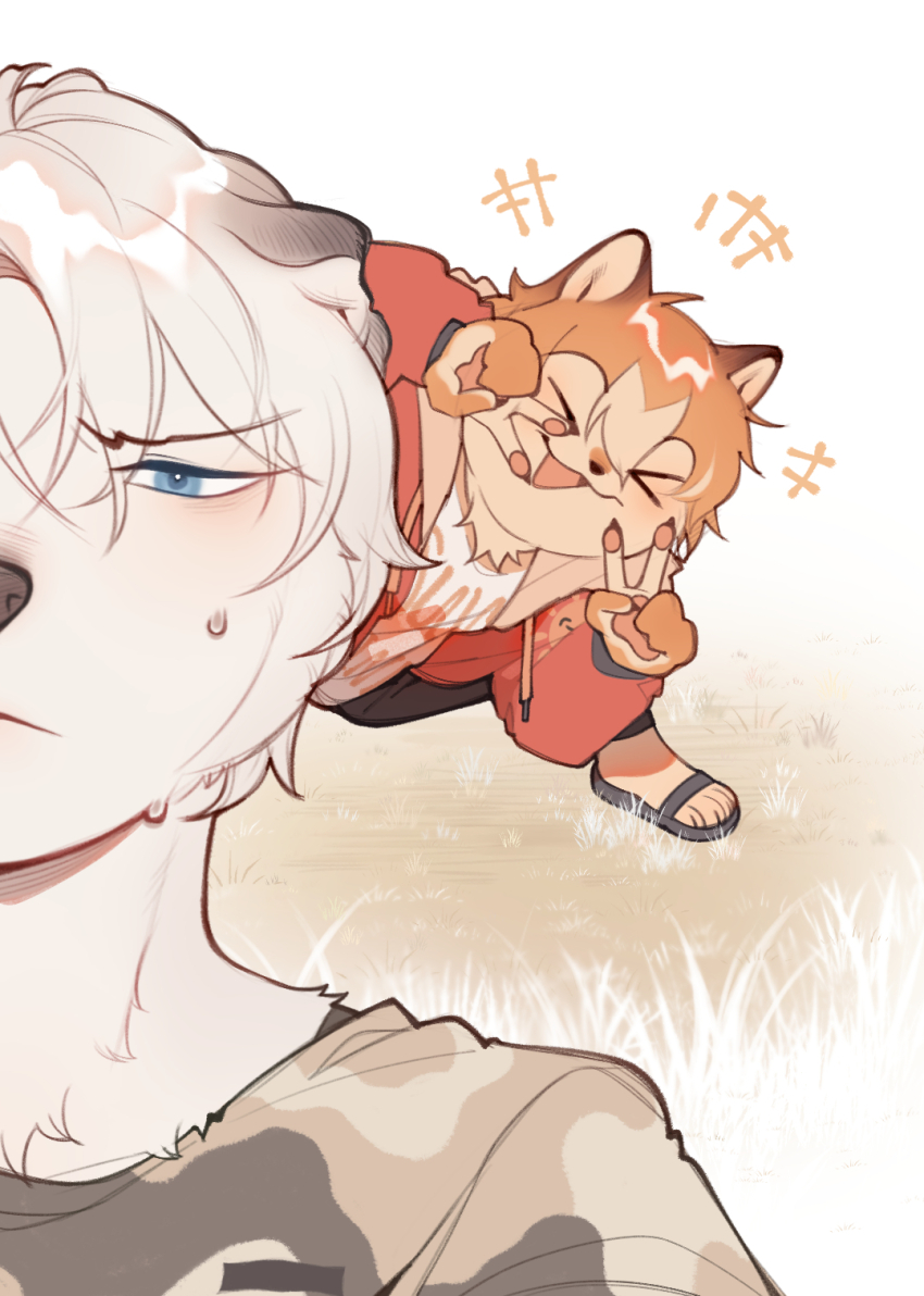 >_<, 2girls, animal_ears, animal_feet, animal_hands, blue_eyes, body_fur, brown_background