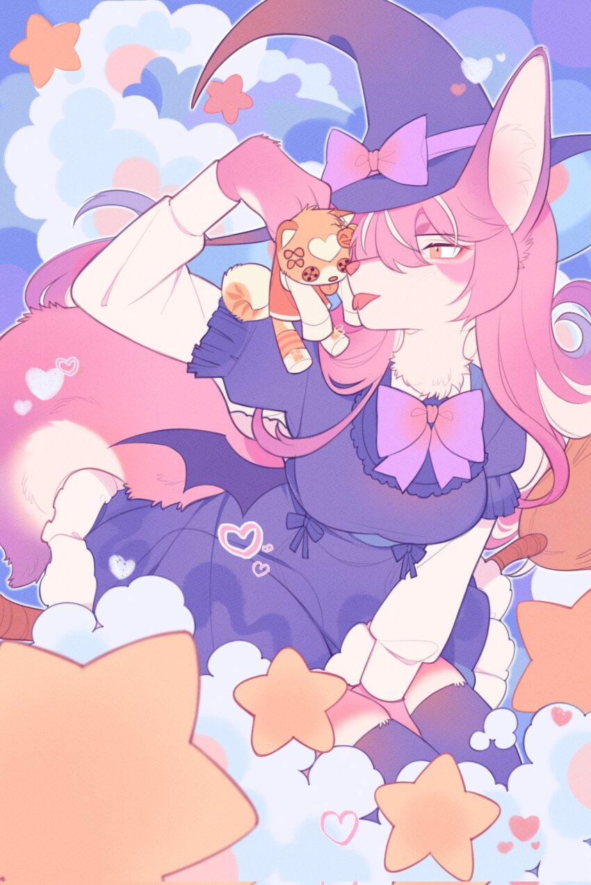 1girl, animal_ears, arm_up, bat_wings, between_legs, body_fur, bow, bowtie