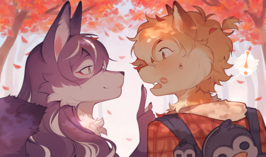 !, 2girls, animal_bag, animal_ears, animal_hands, autumn, autumn_leaves, backpack, bag, black_bag, blush, body_fur, brown_eyes, claws, closed_mouth, dog_ears, dog_girl, falling_leaves, fangs, finger_to_another's_mouth, fox_ears, fox_girl, fox_tail, furry, furry_female, hand_up, highres, hood, hooded_jacket, huckypaw, index_finger_raised, jacket, kiss, leaf, lipstick_mark, lipstick_mark_on_face, long_hair, looking_at_another, multicolored_hair, multiple_girls, open_mouth, orange_fur, orange_hair, original, outdoors, penguin_bag, plaid_clothes, plaid_jacket, ponytail, profile, purple_hair, red_jacket, short_eyebrows, short_hair, short_ponytail, smile, spoken_blush, spoken_exclamation_mark, streaked_hair, surprise_kiss, surprised, tail, upper_body, white_hair, yuri