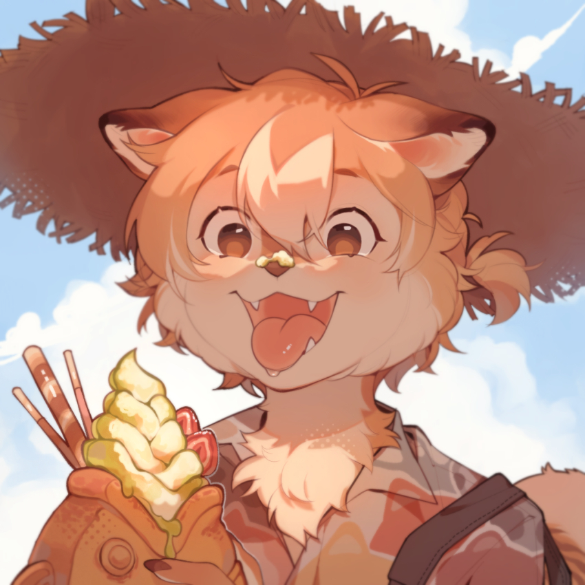 1girl, animal_ears, bag, blue_background, blue_sky, body_fur, brown_bag, brown_eyes