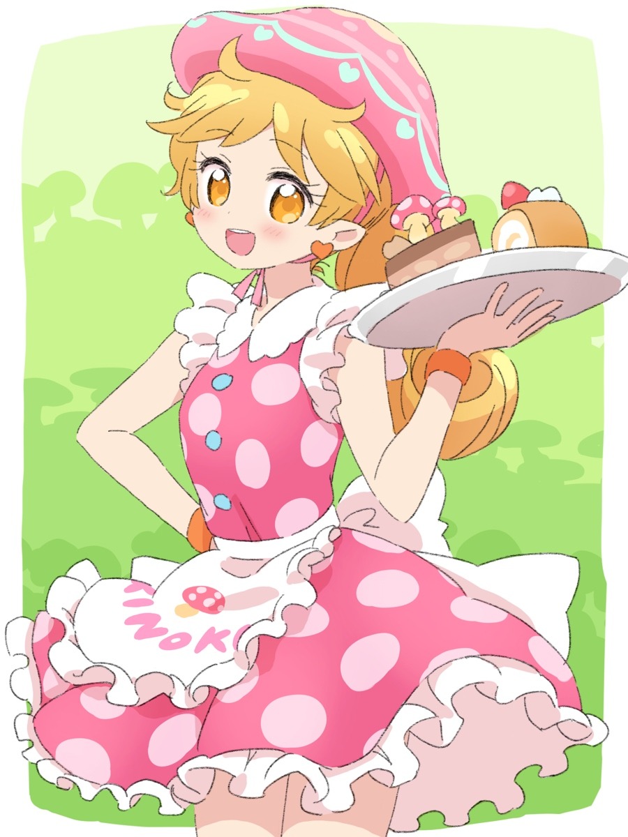1girl, :d, apron, blonde_hair, border, cake, collared_dress, cowboy_shot