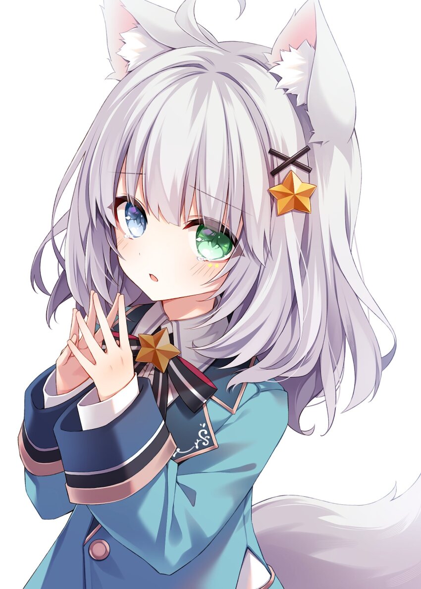 1girl, ahoge, animal_ear_fluff, animal_ears, aqua_jacket, blue_eyes, blush, borrowed_character