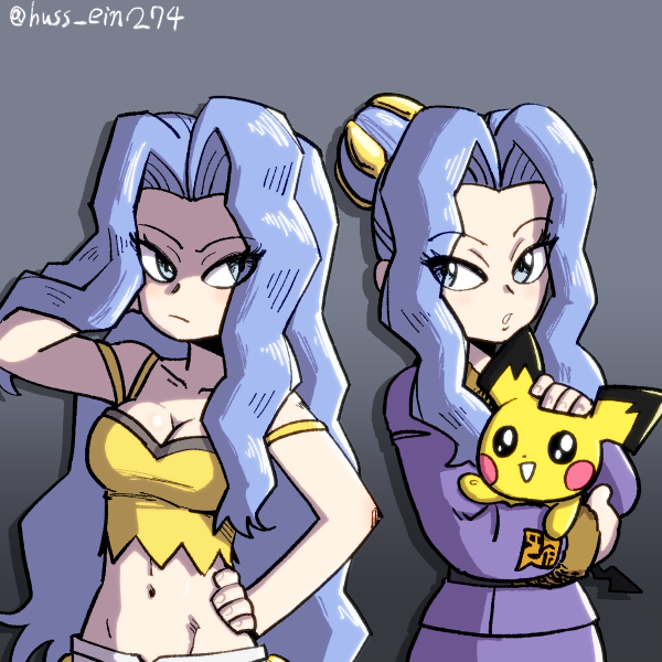 2girls, ancestor_and_descendant, artist_name, bare_arms, bare_shoulders, blue_eyes, blue_hair, breasts