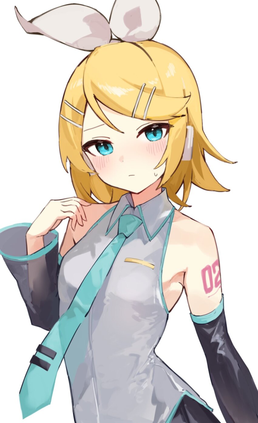 1girl, :/, aqua_eyes, aqua_necktie, armpits, bare_shoulders, blonde_hair, blush