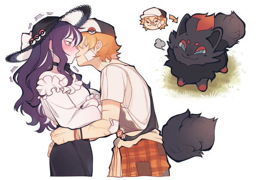 2girls, animalization, baseball_cap, black_headwear, black_skirt, blush, bow, brown_eyes, clothes_around_waist, fox_tail, frilled_shirt, frilled_sleeves, frills, gauze, gauze_on_cheek, gen_5_pokemon, grass, hands_up, hat, hat_bow, highres, huckypaw, humanization, imminent_kiss, imposter, jacket, jacket_around_waist, long_hair, long_sleeves, looking_at_another, multicolored_hair, multiple_girls, nintendo, off_shoulder, orange_hair, orange_jacket, original, plaid_clothes, plaid_jacket, poke_ball, pokemon, pokemon_(creature), puffy_long_sleeves, puffy_sleeves, purple_hair, scar, scar_on_arm, scar_on_hand, shirt, short_hair, short_sleeves, sidelocks, simple_background, skirt, standing, streaked_hair, sun_hat, tail, torso_grab, transformation, upper_body, white_background, white_bow, white_hair, white_shirt, yuri, zorua