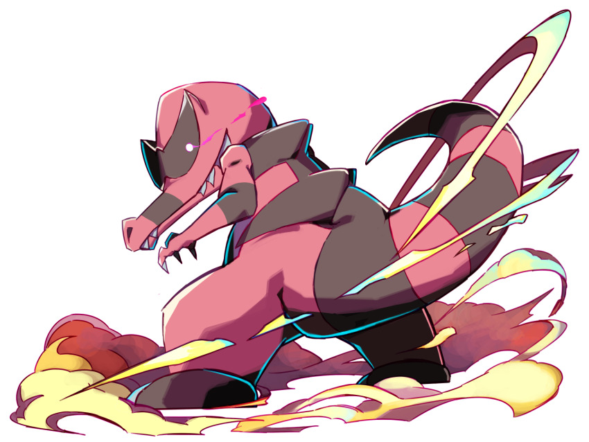 black_sclera, claws, colored_sclera, colored_skin, crocodilian, dust, fangs, fangs_out, gen_5_pokemon, grey_eyes, highres, krookodile, nalrni, nintendo, no_humans, pokemon, pokemon_(creature), red_skin, sand, spines, tail, very_long_tail