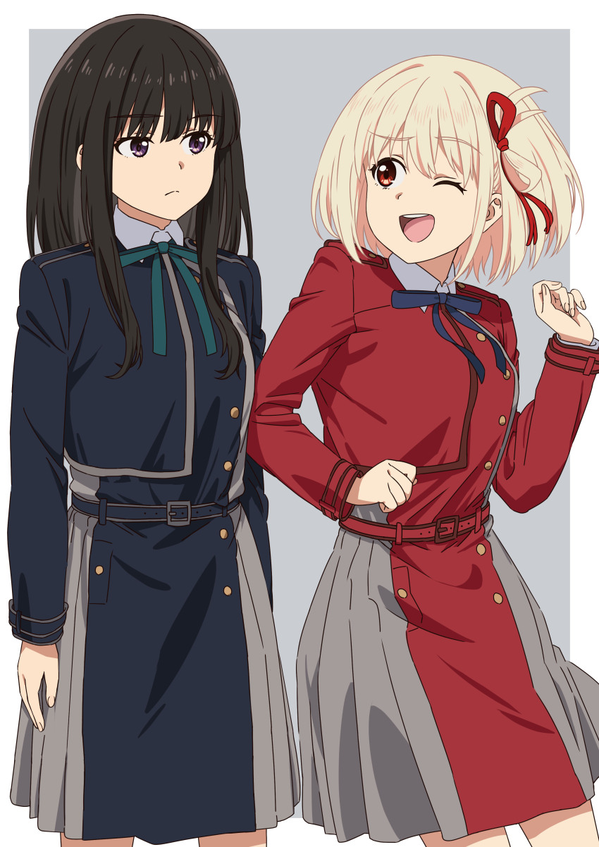 2girls, ;d, absurdres, asada7101, black_hair, blonde_hair, blue_dress, closed_mouth
