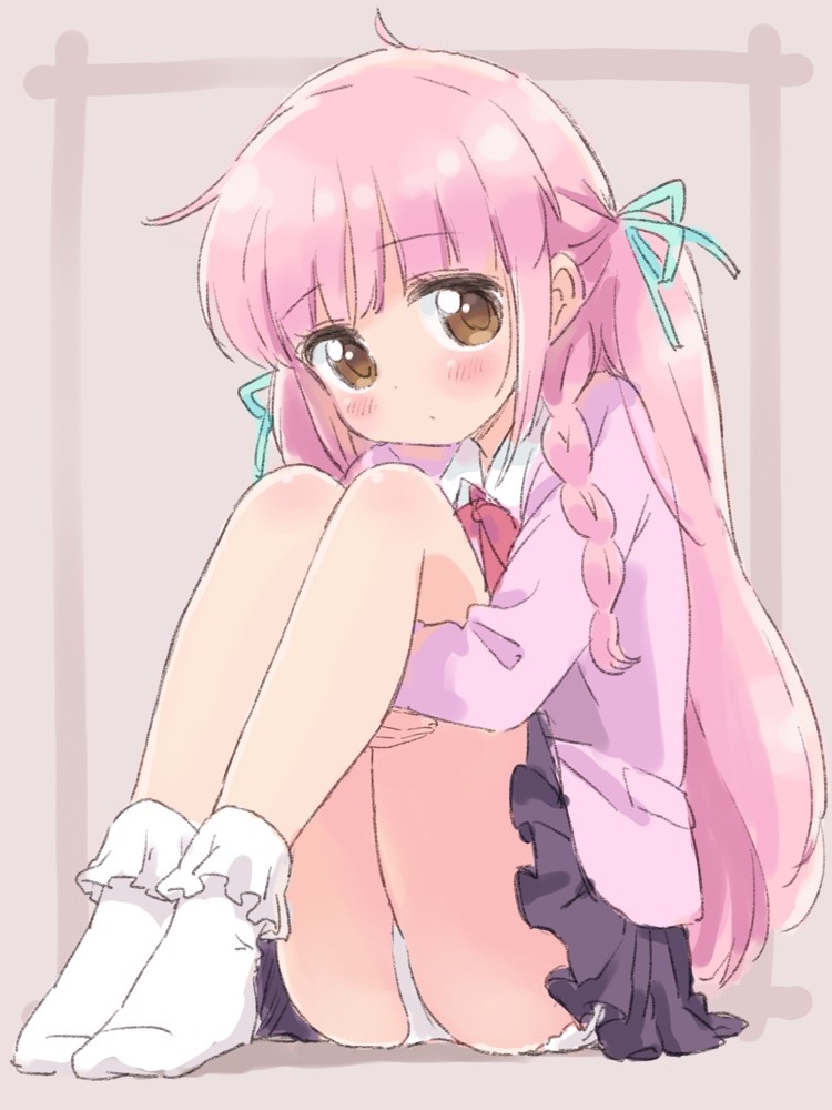 1girl, black_skirt, blue_ribbon, blush, braid, brown_eyes, cardigan, closed_mouth, collared_shirt, female_focus, full_body, hair_ribbon, hanamura_karen, hugging_own_legs, ikzw, knees_up, loli, long_hair, long_sleeves, looking_at_viewer, no_shoes, panties, pantyshot, pink_cardigan, pink_hair, pleated_skirt, ribbon, rilu_rilu_fairilu, shirt, side_braid, sitting, skirt, socks, solo, underwear, very_long_hair, white_panties, white_shirt, white_socks