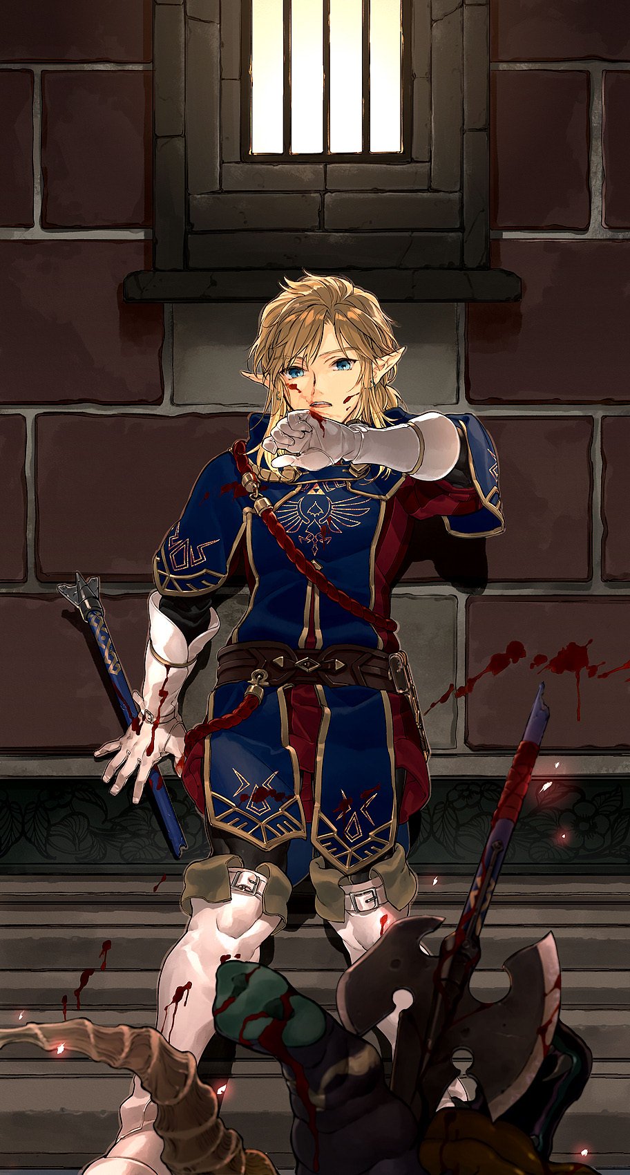 1boy, alternate_costume, armor, axe, battle_axe, belt, black_belt, blonde_hair