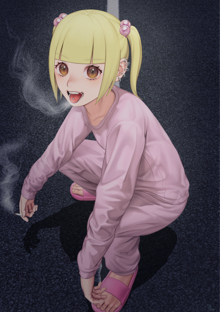 1girl, absurdres, arms_on_knees, blonde_hair, blowing_smoke, blunt_bangs, brown_eyes, chanel_(jimoto_saikou)