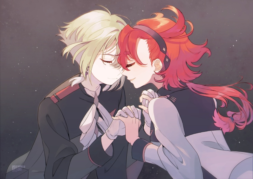 1boy, 1girl, artist_name, ascot, asticassia_school_uniform, black_hairband, black_jacket, blonde_hair