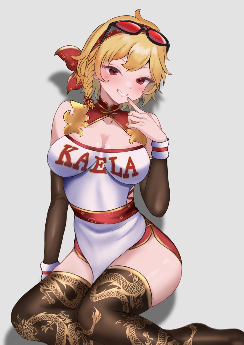 1girl, absurdres, bandana, black_sleeves, black_thighhighs, blonde_hair, blush, braid