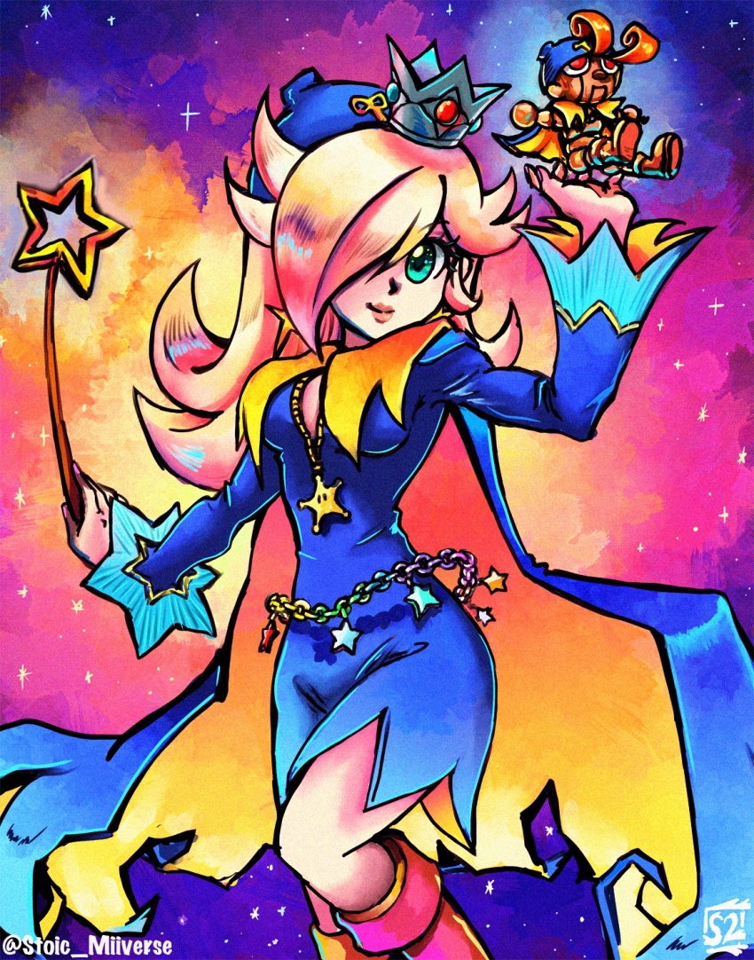 alternate_costume, alternate_earwear, alternate_headwear, aura, belt, blonde_hair, boots, breasts