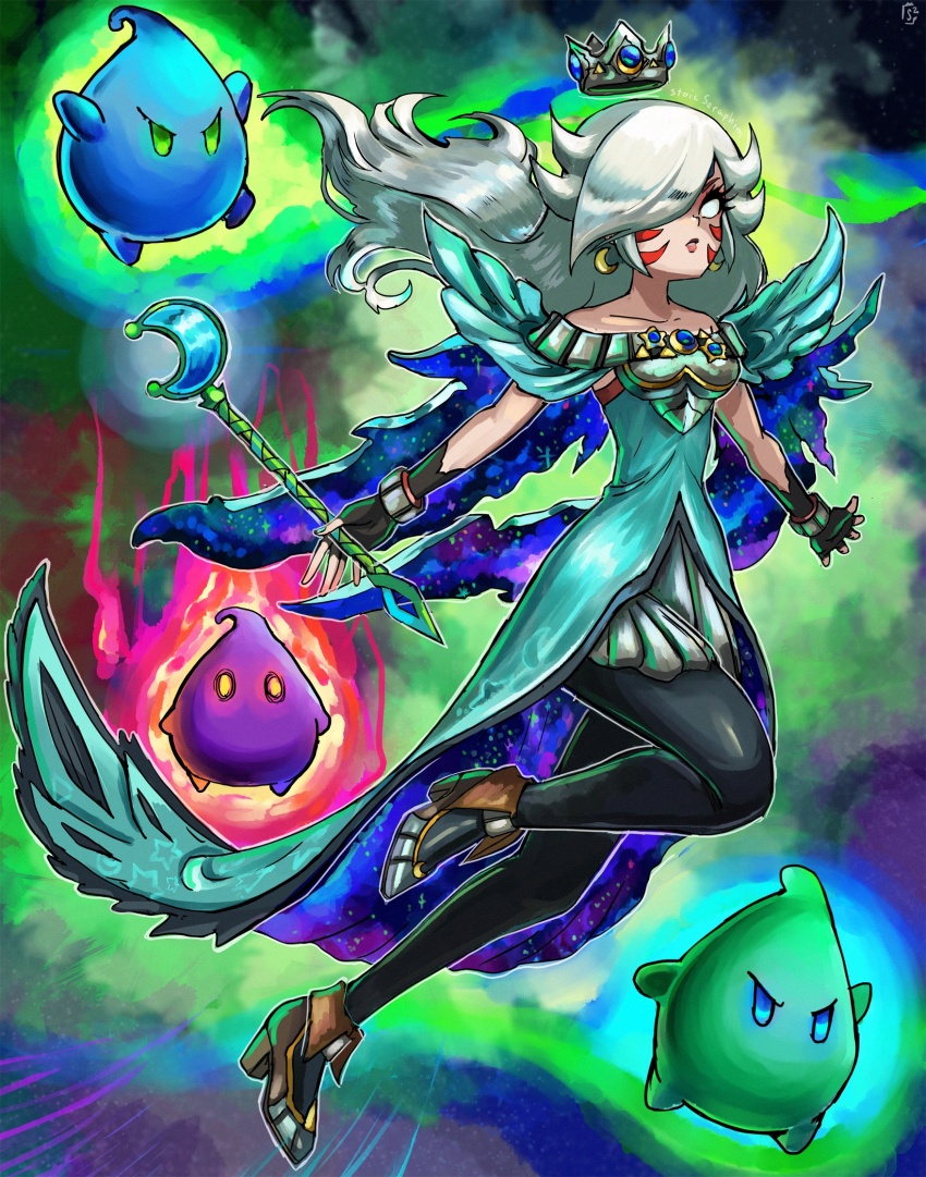 alternate_color, alternate_costume, alternate_earwear, alternate_eye_color, alternate_hair_color, angry, armor, aura, black_gloves, black_thighhighs, blue_eyes, blue_gem, breastplate, breasts, chest_jewel, commentary, corruption, crescent, crescent_earrings, crescent_moon, crescent_moon_print, crescent_moon_symbol, crescent_print, crossover, crown, dark_persona, double_helix, dress, earrings, english_commentary, eyelashes, eyeshadow, facial_tattoo, fierce_deity, fingerless_gloves, floating, floating_crown, floating_object, flying, gem, gloves, glowing, glowing_eyes, green_eyes, green_gem, green_nails, hair_over_one_eye, hal_laboratory, heart, high_heels, highres, holding, holding_wand, holding_weapon, jewelry, knees_up, leg_up, legs, lipstick, long_hair, looking_at_viewer, looking_to_the_side, luma_(mario), majora_(zelda), makeup, mario_(series), moon, nail_polish, nintendo, no_pupils, possessed, possession, rosalina, serious, skin_tight, star_(symbol), stoic_seraphim, super_mario_galaxy, super_smash_bros., tattoo, the_legend_of_zelda, the_legend_of_zelda:_majora's_mask, thighhighs, triangle, triangle_print, wand, weapon, white_eyes, white_hair, wrist_guards, yellow_eyes