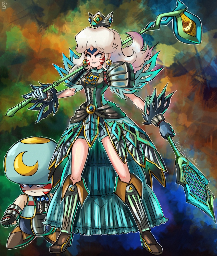 alternate_costume, alternate_earwear, alternate_eye_color, alternate_hair_color, alternate_weapon, armor, aura, black_gloves, blue_gem, boots, chest_jewel, commentary, company_connection, corruption, crescent, crown, dark_persona, double_helix, dress, dual_persona, dual_wielding, earrings, english_commentary, evil_smile, facial_tattoo, fierce_deity, fingerless_gloves, floating_crown, flower, frown, gem, gloves, glowing, glowing_eyes, golf_club, green_gem, hal_laboratory, highres, holding, holding_golf_club, holding_tennis_racket, holding_weapon, jewelry, long_hair, looking_to_the_side, mario_(series), nintendo, no_pupils, pauldrons, possessed, possession, princess_daisy, racket, shoes, shorts, shoulder_armor, smile, standing, stoic_seraphim, super_mario_bros._1, super_mario_land, super_smash_bros., tattoo, tennis_racket, the_legend_of_zelda, the_legend_of_zelda:_majora's_mask, thighs, toad_(mario), triangle, weapon, white_eyes, white_hair, wrist_guards