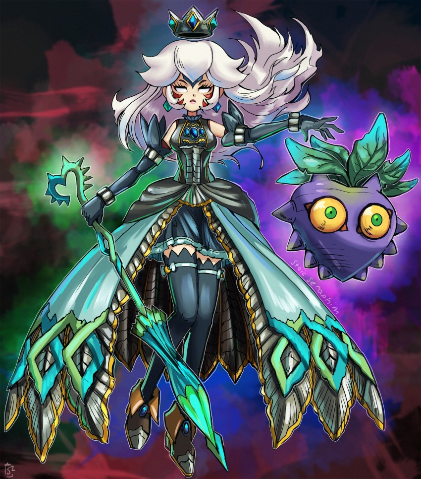 alternate_color, alternate_costume, alternate_earwear, alternate_weapon, arm_guards, armor, aura, black_gloves, black_thighhighs, blue_gem, breasts, chest_jewel, colored_sclera, commentary, company_connection, corruption, crescent, crossover, crown, dark_persona, double_helix, dress, earrings, elbow_gloves, english_commentary, facial_tattoo, fierce_deity, floating, floating_crown, floating_hair, floating_object, floating_weapon, gem, gloves, glowing, green_eyes, green_gem, hal_laboratory, heart, high_heels, highres, holding, holding_umbrella, holding_weapon, jewelry, legs, lipstick, long_hair, looking_at_viewer, majora_(zelda), makeup, mario_(series), medium_breasts, mismatched_earrings, nintendo, no_pupils, possessed, possession, shoes, skin_tight, skirt, stoic_seraphim, super_mario_bros._1, tattoo, the_legend_of_zelda, the_legend_of_zelda:_majora's_mask, thighhighs, triangle, turnip, umbrella, weapon, white_eyes, white_hair, wrist_guards, yellow_sclera