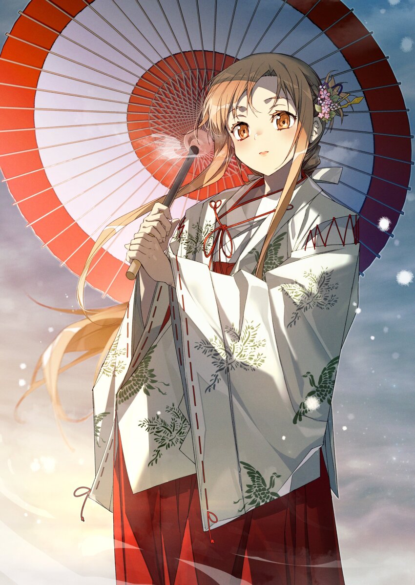 1girl, absurdres, alternate_costume, asuna_(sao), brown_eyes, brown_hair, commentary, hakama