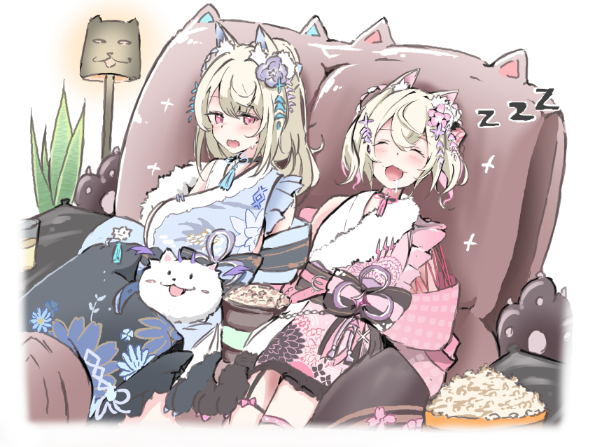 ._., 2girls, :3, absurdres, animal_ear_fluff, animal_ears, animal_hands, asymmetrical_sleeves