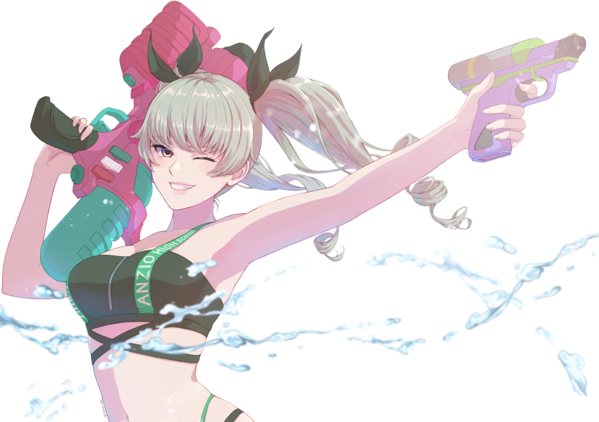 1girl, anchovy_(girls_und_panzer), arm_up, bikini, black_bikini, black_ribbon, breasts, brown_eyes