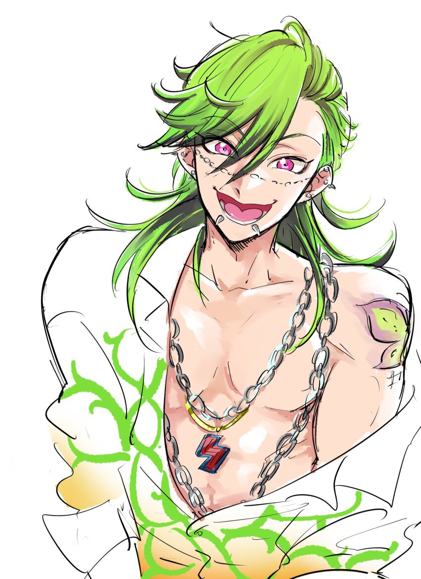 1boy, bucchigiri, butterfly_tattoo, chain, chain_necklace, collarbone, ear_piercing, face_piercing, half_updo, happy, highres, jewelry, lbar_f, lip_piercing, looking_at_viewer, male_focus, marito_jin, mouth_piercing, multicolored_hair, multiple_piercings, necklace, no_nipples, off_shoulder, open_mouth, piercing, pink_eyes, shirt, simple_background, smile, solo, spiked_ear_piercing, streaked_hair, tattoo, upper_body, white_background