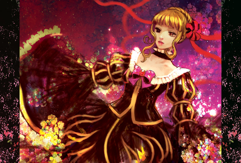1girl, beatrice_(umineko), blonde_hair, dress, female_focus, gown, hair_up, lips