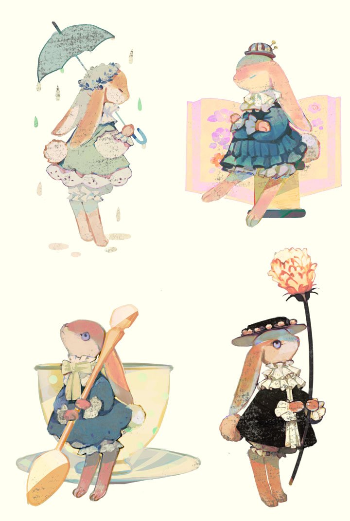 animal, animal_focus, barefoot, black_headwear, book, bow, closed_eyes, closed_mouth, clothed_animal, cup, flower, frilled_shirt_collar, frills, from_side, gold_cutlery, gold_spoon, green_bow, green_ribbon, hat, hat_ribbon, holding, holding_flower, holding_spoon, holding_umbrella, mini_person, minigirl, neck_ribbon, no_humans, original, purple_eyes, rabbit, ribbon, saucer, spoon, standing, teacup, tono_(rt0no), umbrella