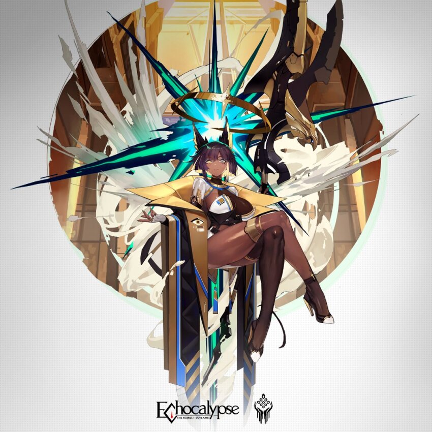 1girl, animal_ears, artist_request, black_footwear, breasts, brown_hair, closed_mouth, crossed_legs