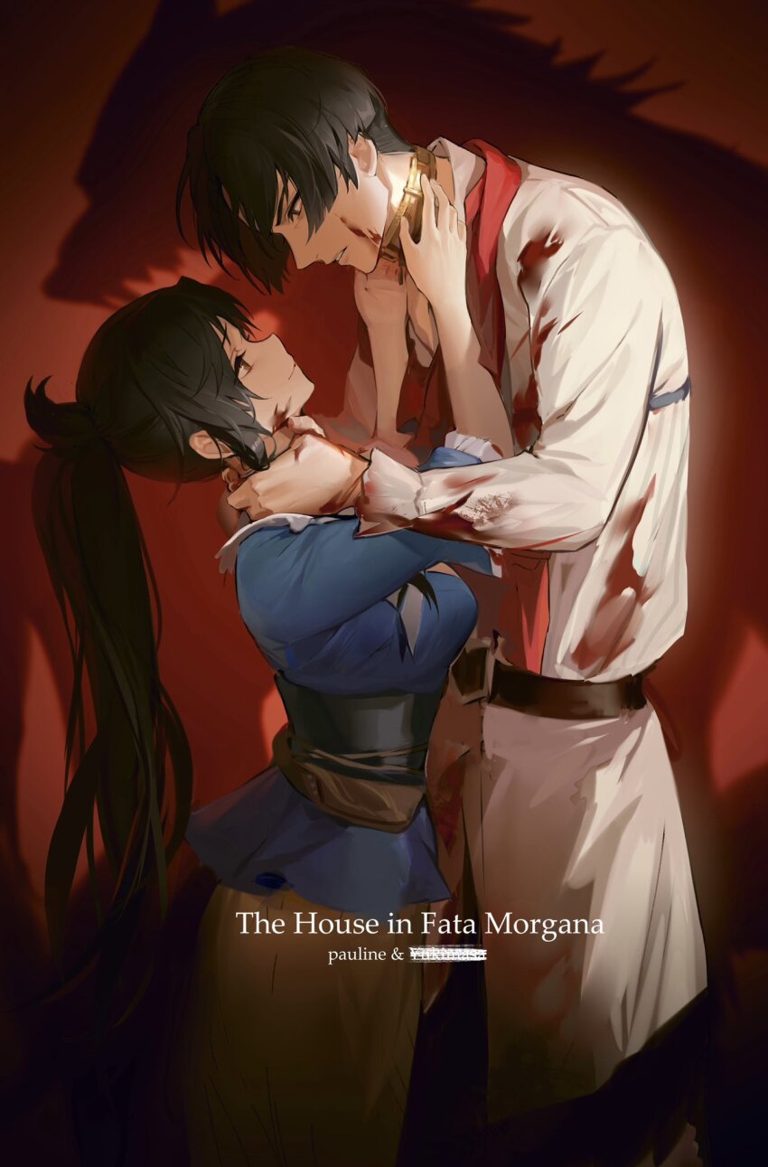 1boy, 1girl, aida_yukimasa, arashiko_falcom, black_eyes, black_hair, blood, blood_on_clothes, blood_on_face, brown_eyes, character_name, collar, copyright_name, cowboy_shot, crossed_out, different_shadow, fata_morgana_no_yakata, hands_on_another's_neck, highres, long_hair, looking_at_another, parted_lips, pauline_asama, ponytail, red_background, shadow, short_hair, smile, spoilers, strangling