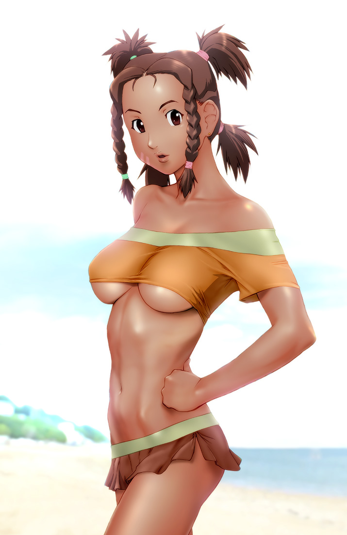 1girl, bare_shoulders, beach, braid, breasts, brown_eyes, brown_hair, collarbone